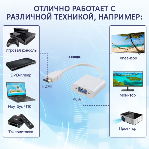 Адаптер - переходник HDMI - VGA, белый Адаптер - переходник HDMI - VGA, белый